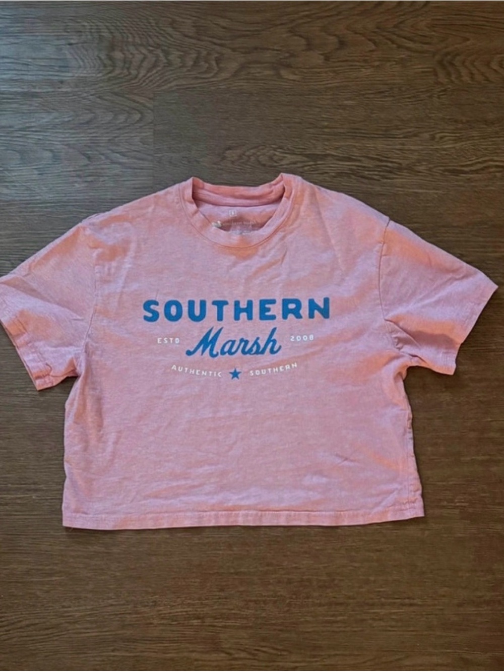 Southern Marsh Light Pink Crop Tee with Blue Logo- Small